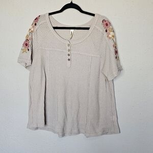 Lara Fashion Light Mauve Pink Waffle Knit Tunic Embroidered Colorful Flowers